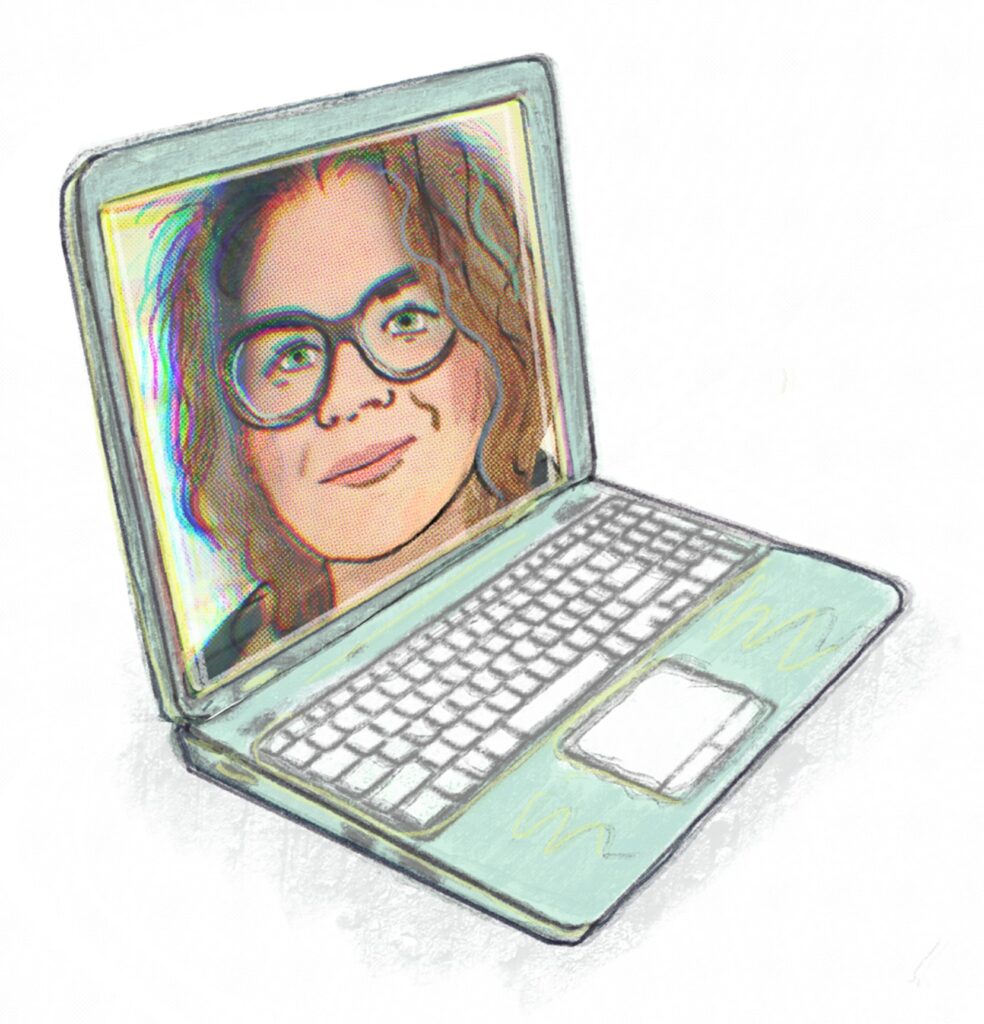 Tekening van laptop met daarop de afbeelding van kunstenaar Merel Smit