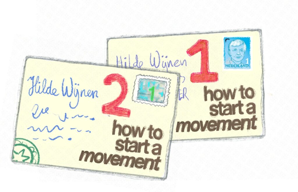 Tekening van 2 enveloppen met daarop de tekst: How to start an movement