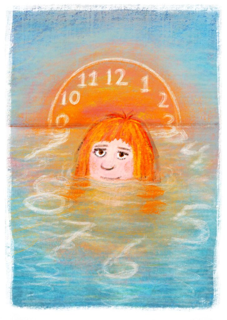 Tekening van Hilde Wijnen met een klok op de achtergrond