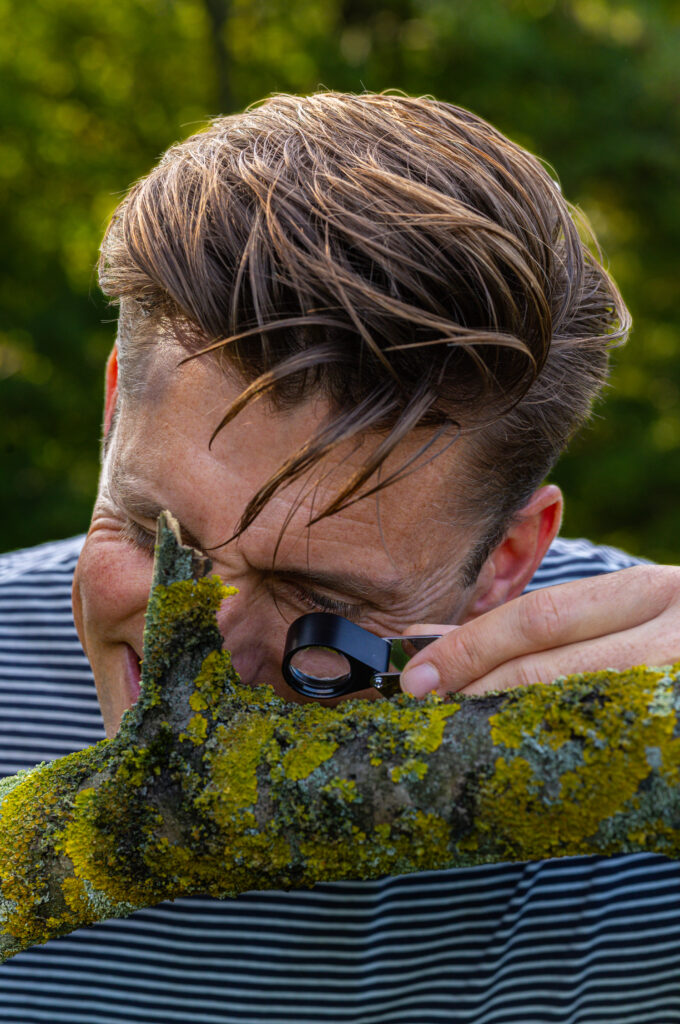 Rik van der Linden kijkt met een loep naar een boomstam