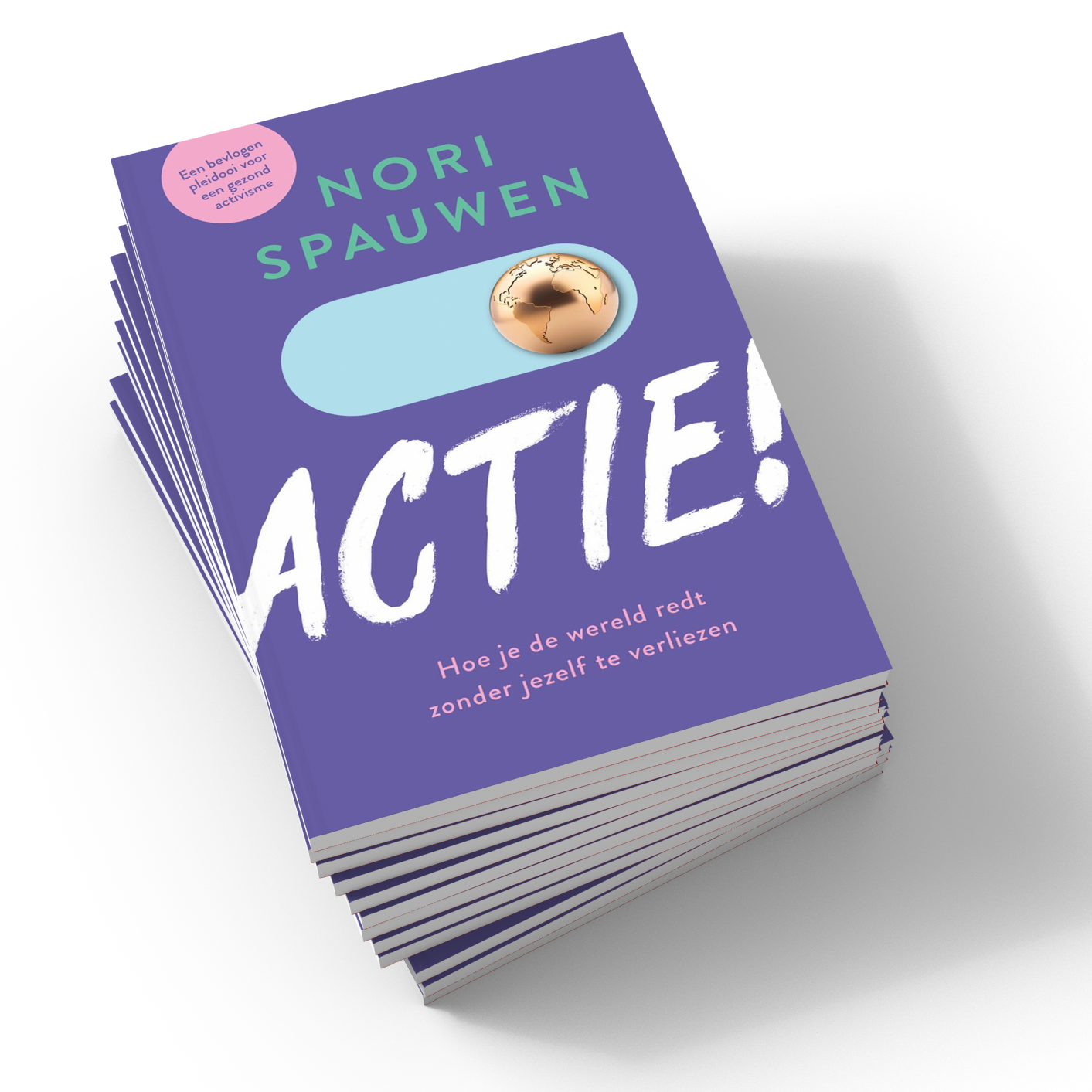 De cover van het boek Actie! van Nori Spouwen. Een paarse kaft waar een aan-knopje op staat afgebeeld.