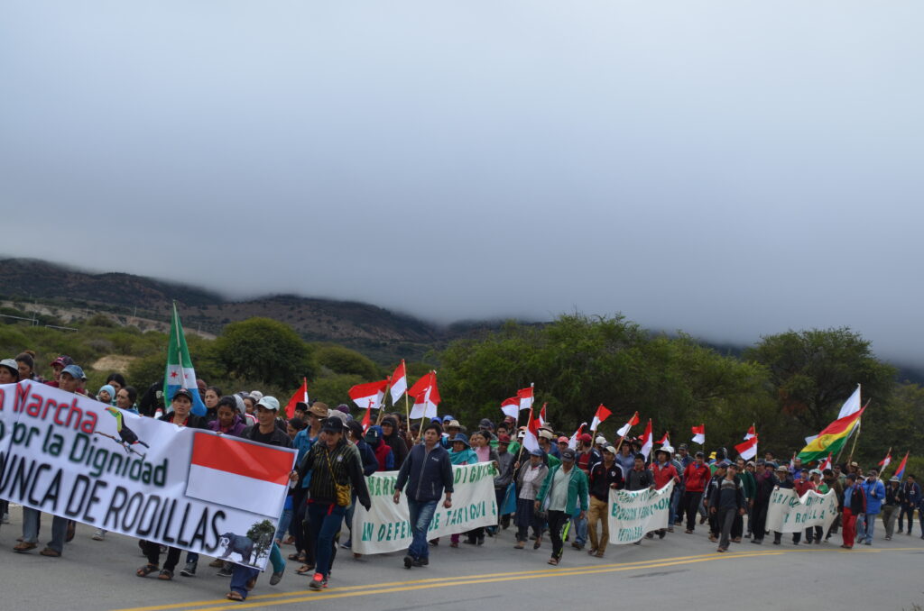 Een groep activisten loopt in een demonstratie om Tariquía te beschermen. Ze dragen spandoeken en vlaggen. Op de achtergrond zien we heuevls. 