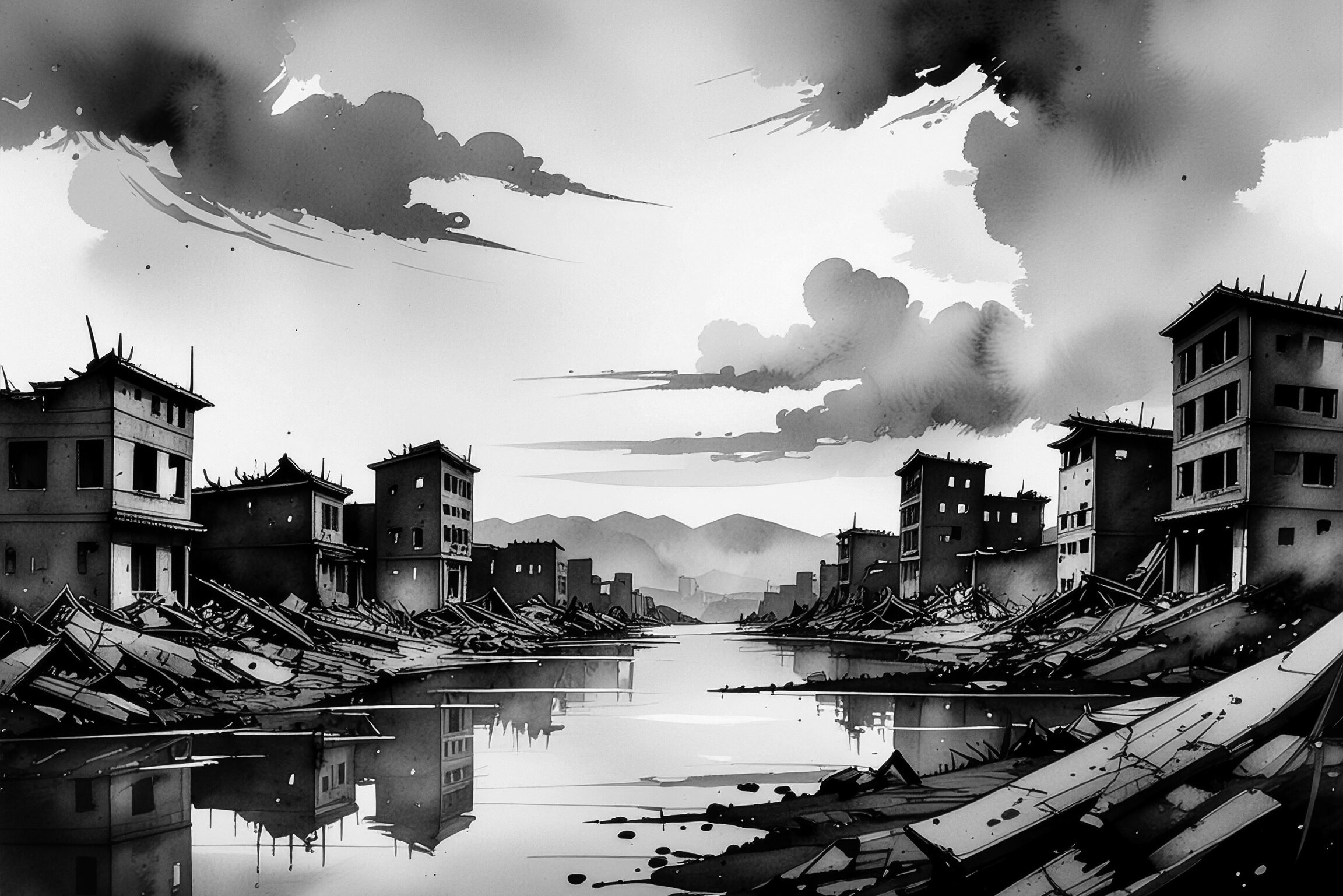 Een zwart-wit aquarel werk van een verlaten, aftakelende stad