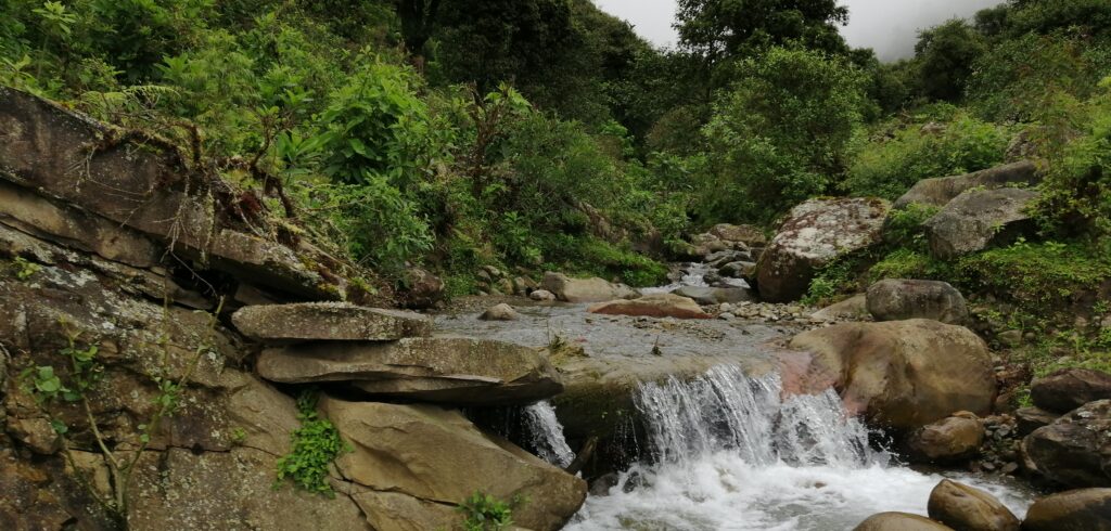 Een waterval in natuurpark Tariquía. In de omgeving liggen dicht beboste bergen.
