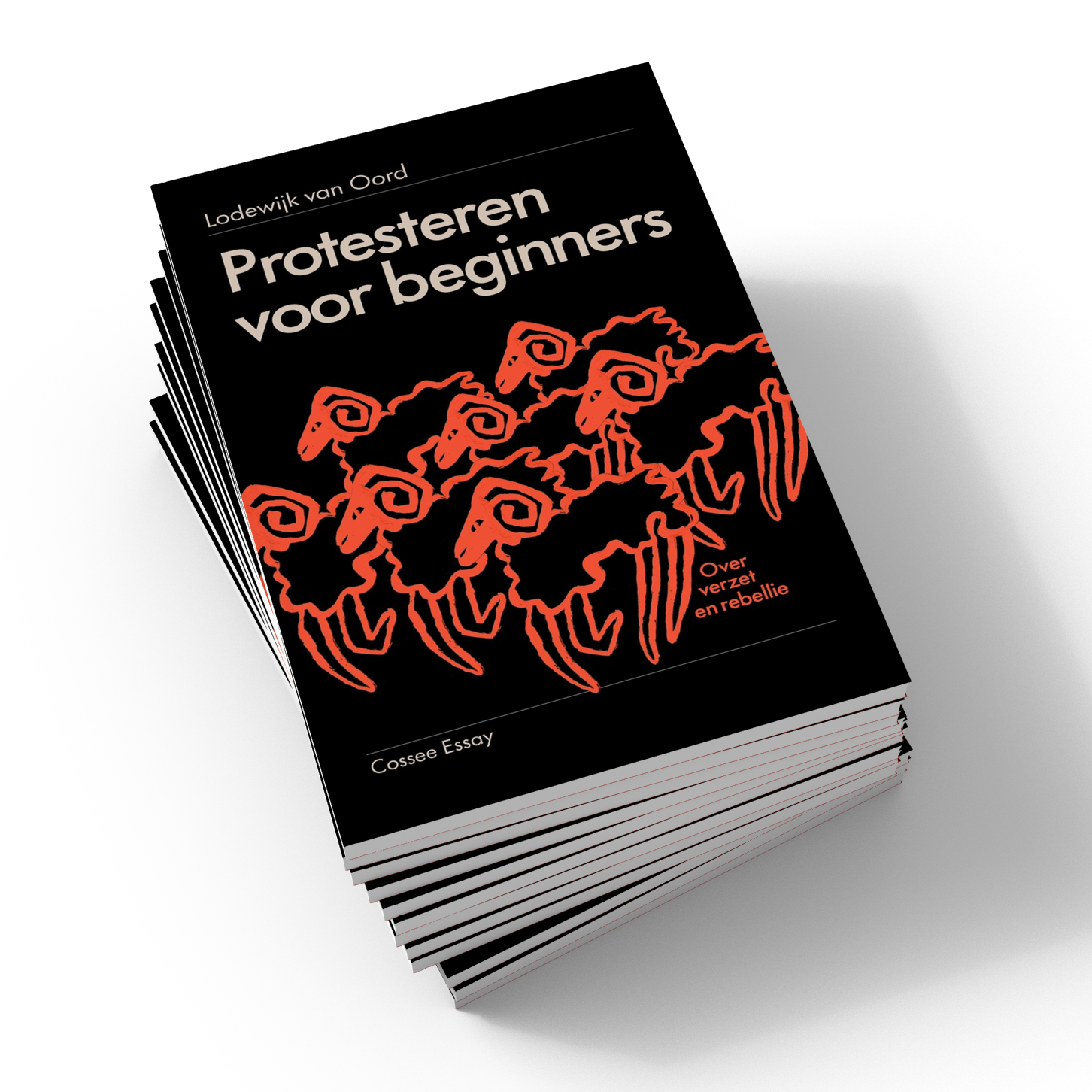 De kaft van het boek Protesteren voor beginners. Een zwarte omslag met een aantal rode, getekende, schapen.