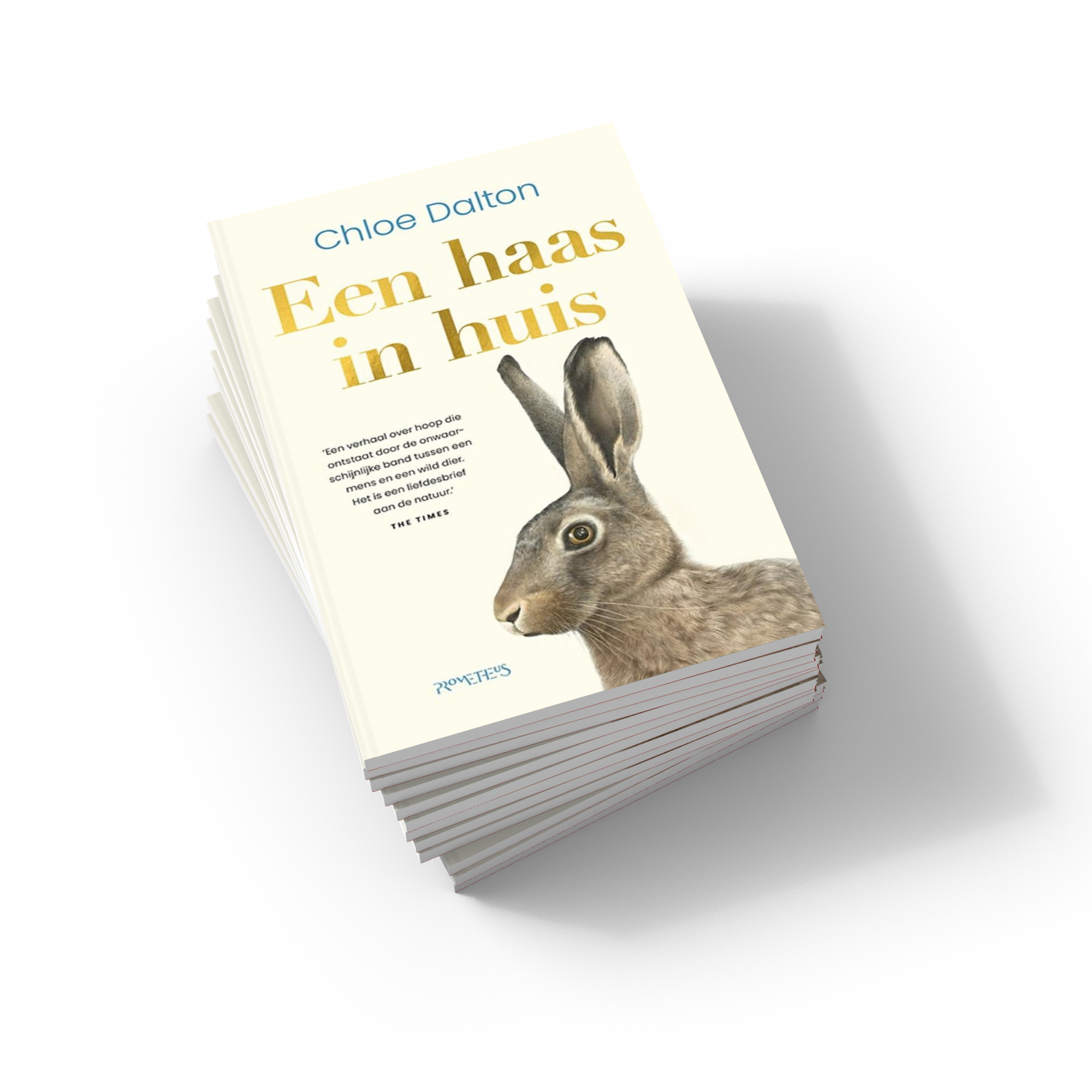 De omslag van het boek Een haas in huis van Chloe Dalton. De cover is grotendeels wit, met een zijwaartse portretfoto van een haas eroverheen. 