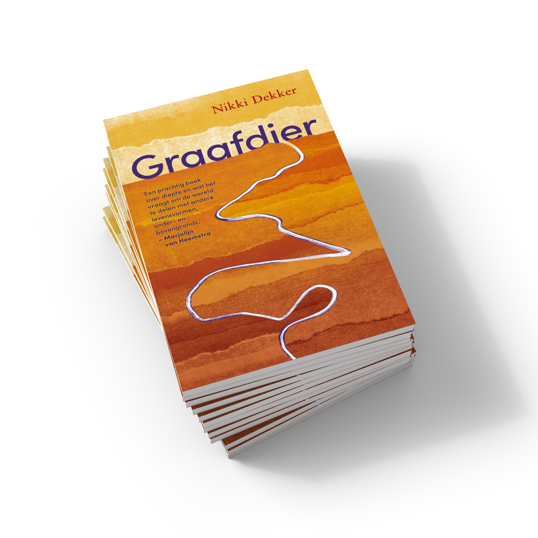 De omslag van het boek Graafdier van Nikki Dekker.  Een tekening van een heuvellandschap beslaat de cover, met een smalle rivier erdoorheen. bovenaan staan de titel en auteur. 