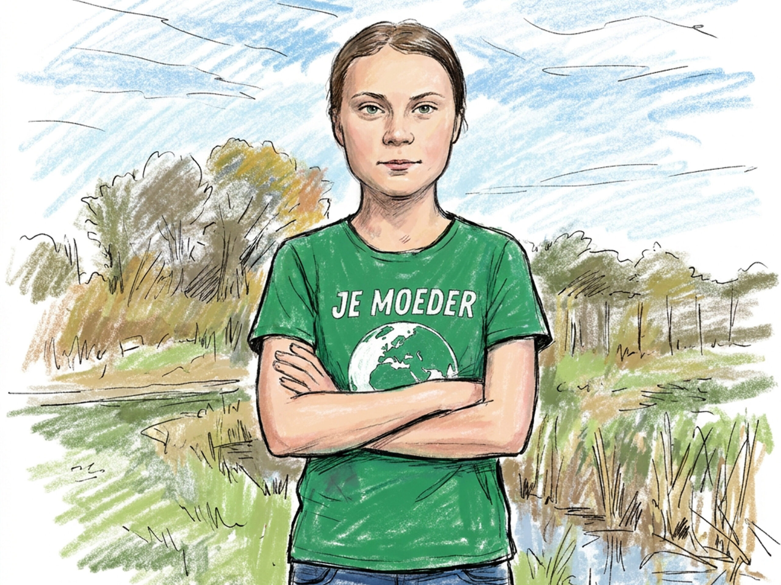 Een tekening van Greta Thunberg in een weiland. Een witte vrouw met blond haar en blauwe ogen. Ze draagt een groen shirt met een aardbol en 'je moeder' erop. Ze kijkt de lezer aan en houdt haar armen over elkaar.