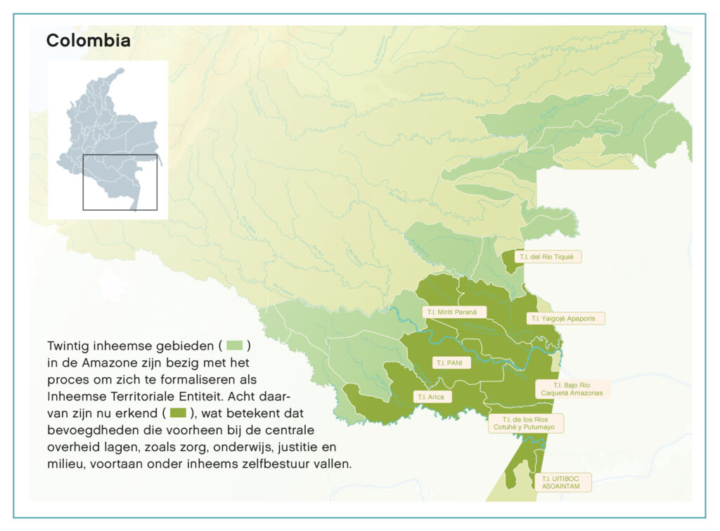 Een kaart van Colombia, waarop de nieuwe ETIs staan aangegeven. Eromheen liggen nog meer gebieden waarvan de inwoners nog aan het strijden zijn voor zlefbestuur. Samen bedekken deze gebieden een significant deel van het zuid-oosten van Colombia.