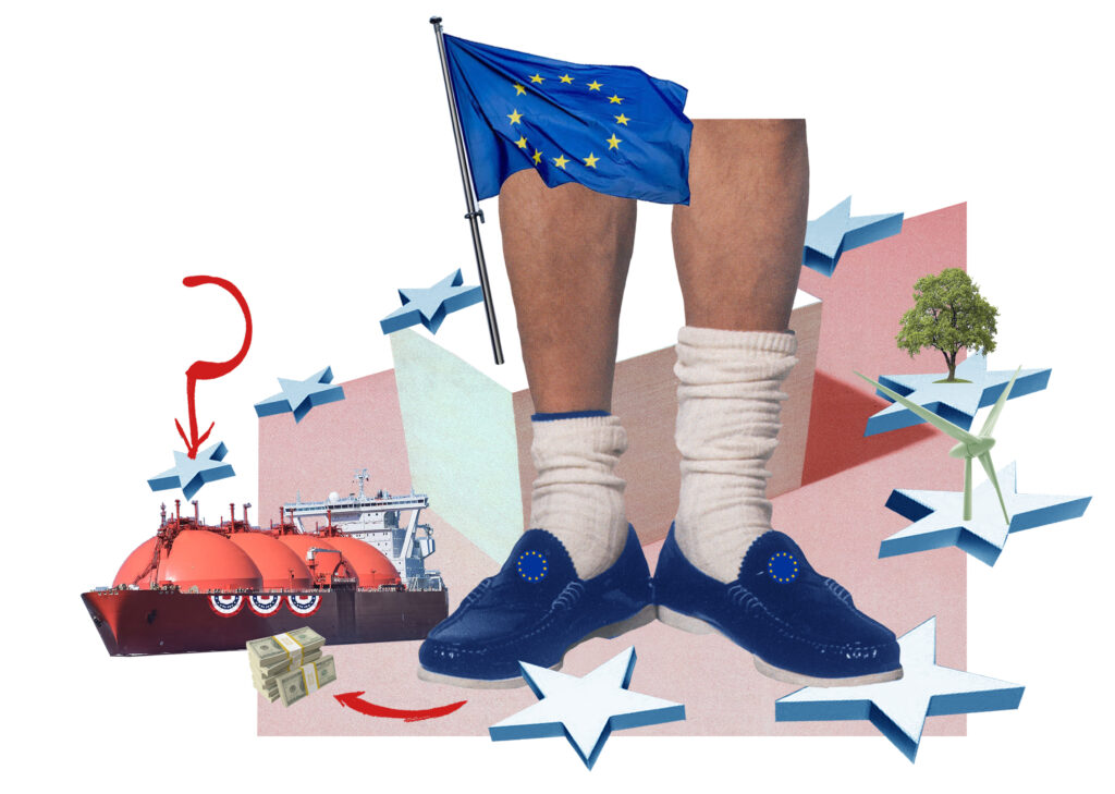 Een collage van Annet Scholten. Op de voorgrond staan een paar voeten met schoenen met het EU logo aan. Daarachter zien we de EU vlag, sterren, een windmolen, een boom en een schip dat LNG vervoerd.