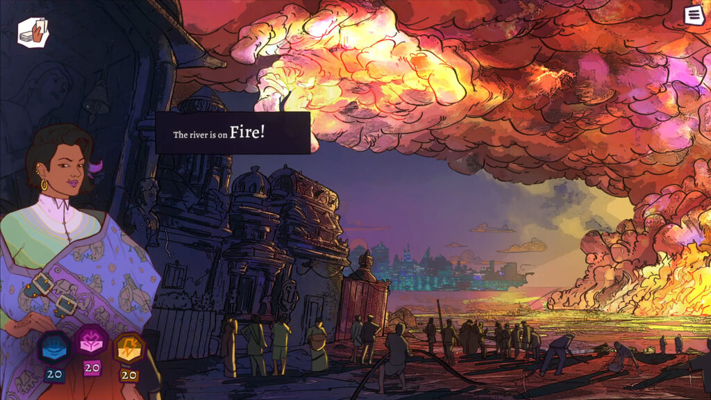Animatiestill uit de game All Will Rise met de tekst The river is on fire! Links staat een vrouw die in de camera kijkt. In het midden staan mensen die naar een brandende rivier kijken. Er hangen zware rode wolken boven het landschap.
