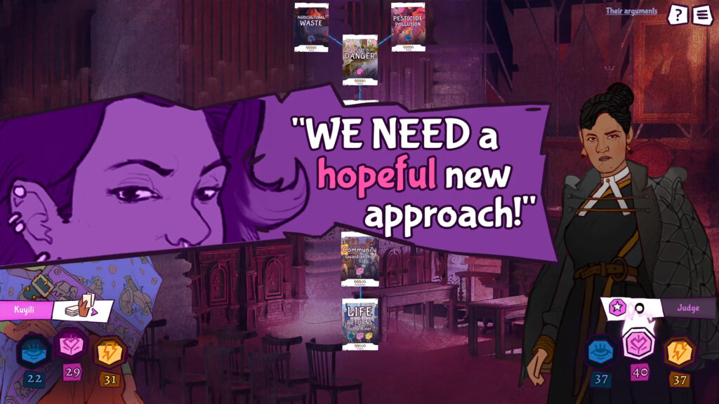 Animatiestill uit dezelfde game met de tekst We need a hopeful new approach! Links dezelfde vrouw als in het eerste beeld. Rechts een andere vrouw die zeer serieus de camera in kijkt. Deze still is volledig in paarstinten.