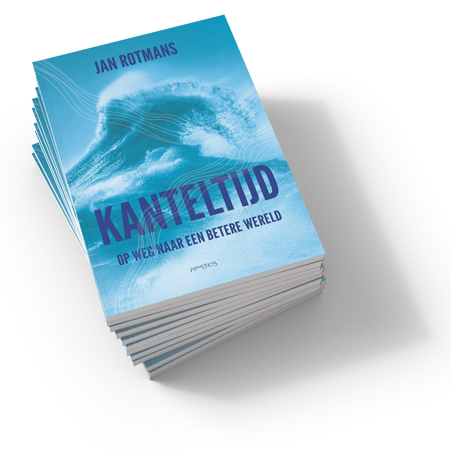 De omslag van het boek 'Kanteltijd' van Jan Rotmans. Er is een grote golf afgebeeld, met daaroverheen de titel in paars-blauw. 