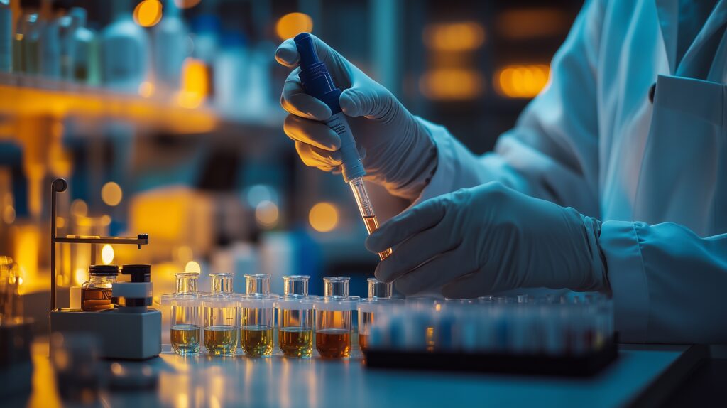 Een persoon in lab jas pipetteert vloeistoffen in verschillende buisjes. Op de achtergrond zien we de rest van het lab.