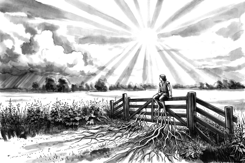 Cartoon van Sander op het hek van een weiland. Zijn voeten groeien als wortels de grond in. Achter hem een felle zon die tussen de wolken uit schijnt. De tekening is in zwart-wit.