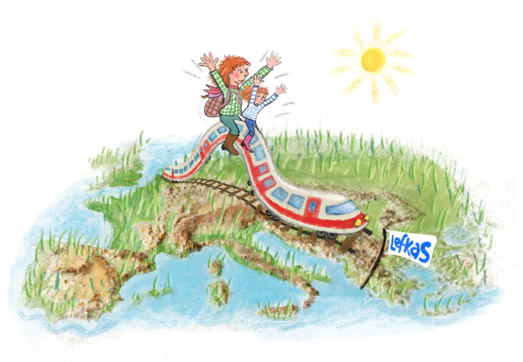 Illustratie van een vrolijke vrouw en kind die boven op een trein zitten. De trein rijdt door Europa richting Griekenland. Beide figuurtjes hebben oranje haar, en zwaaien met hun armen in de lucht.