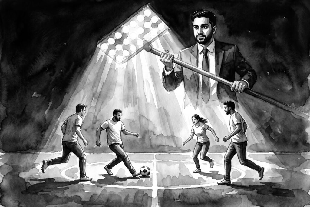 Een zwart-wit tekening, waarbij Zohran Mamdani een voetbalveld belicht, terwijl er vier voetballers aan het spelen zijn. 