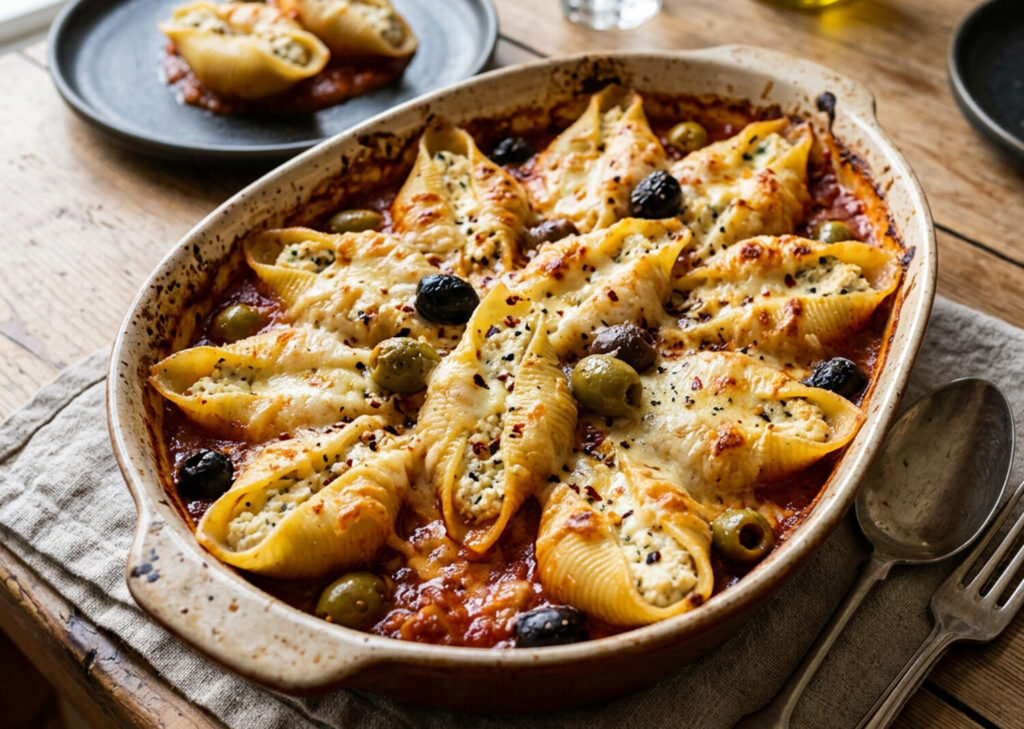 Een schaal met gevulde conchigli uit de oven. 