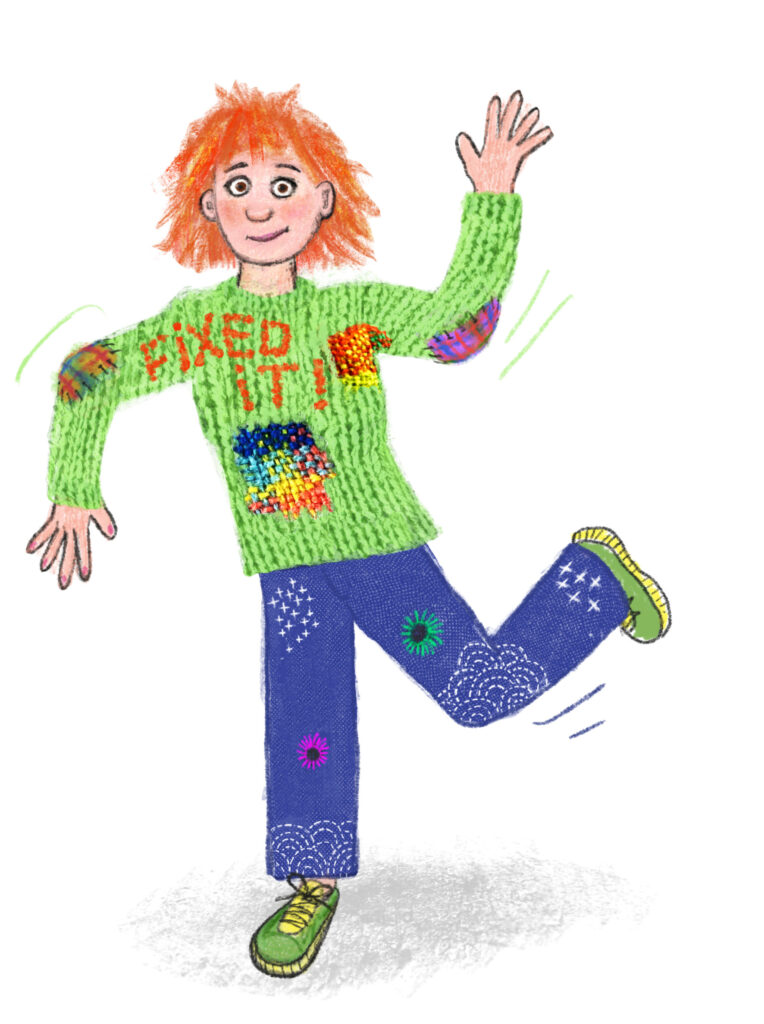 Tekening van Hild in haar gerepareerde kleding. De groene trui heeft allerlei borduursels, met in grote rooie letters: 'Fixed it!' op de voorkant. De blauwe broek heeft verschillende Sashiko patronen. 