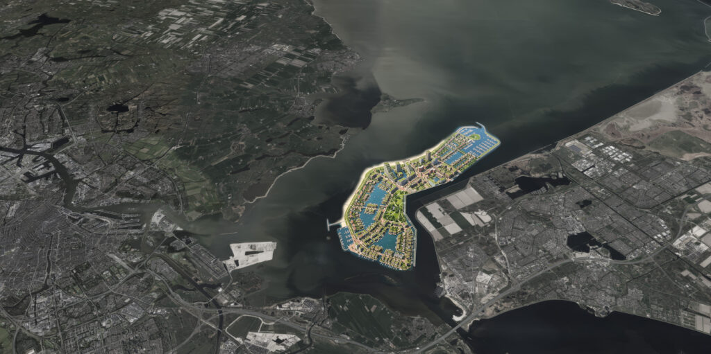 Een satteliet beeld van de hypotjetische stad Ijstad. We kijken op het Ijsselmeer, waar  aan Flevoland nog een eiland is vastgeplakt: Ijstad. 