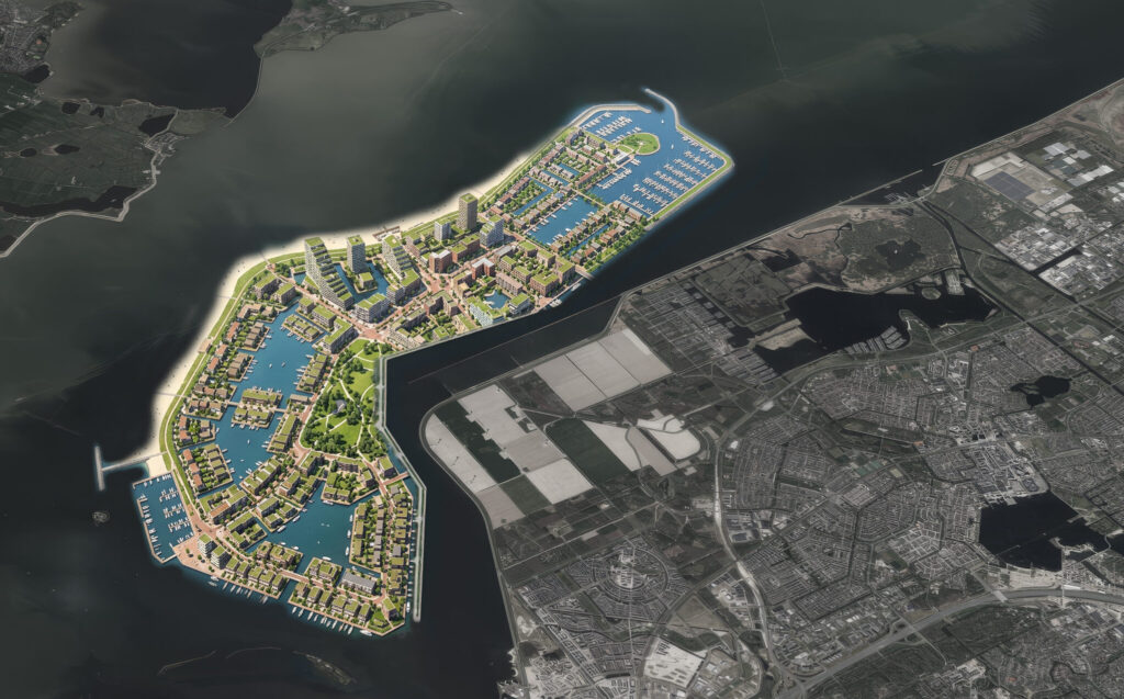 Een satteliet beeld van de hypotjetische stad Ijstad. We kijken op het Ijsselmeer, waar aan Flevoland nog een eiland is vastgeplakt: Ijstad.