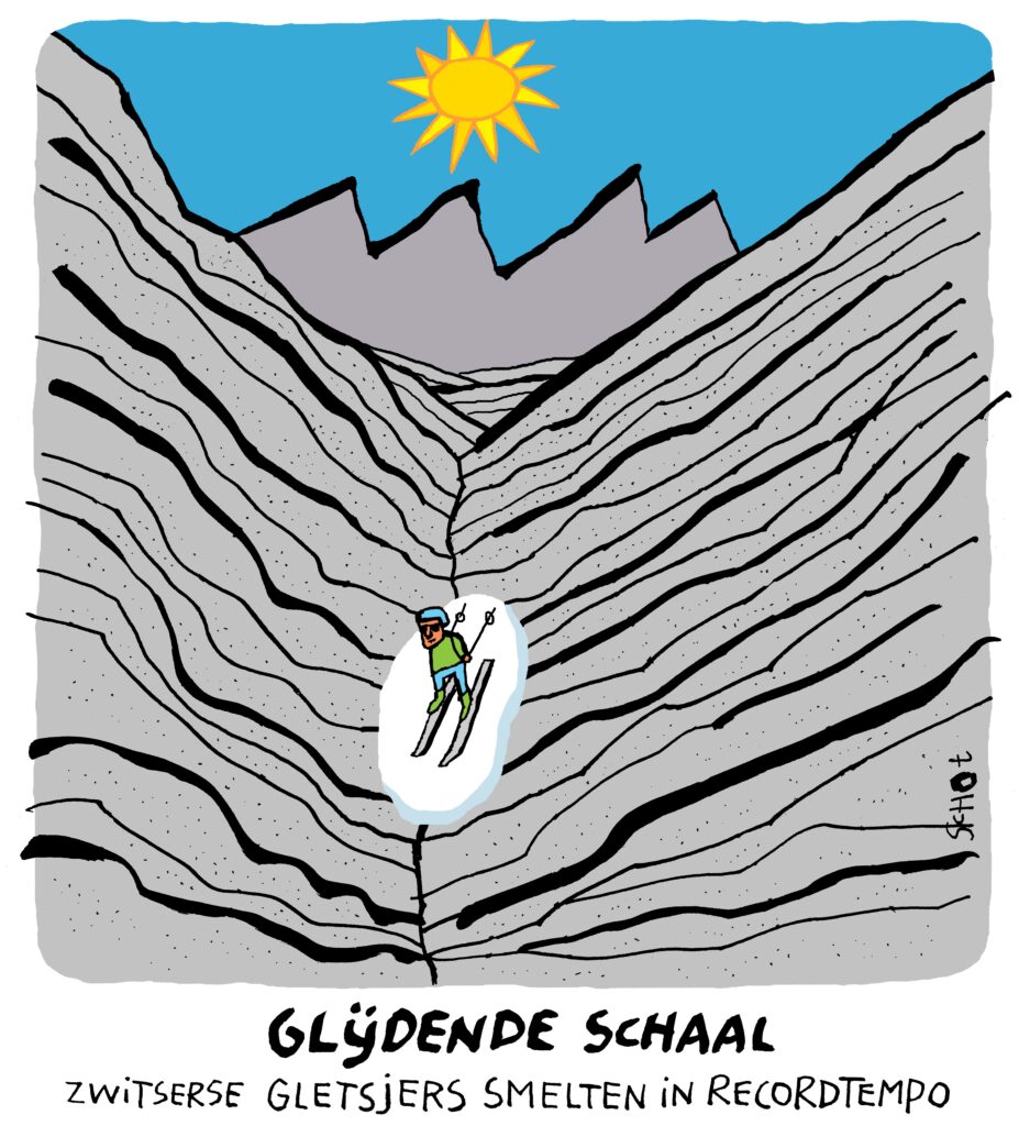 Een strip van Schot. We kijken door een stijl bergdal, helemaal van grijze steen. Op de achtergrond staan meer bergen voor een fel blauwe lucht en stralende zon. Midden in het dal staat een persoon op skiën op een mini stukje sneeuw. Onder de afbeelding staat: Glijdende schaal: Zwitserse gletsjers smelten in recordtempo.
